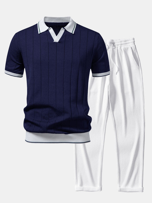 Contrast Trim Ribbed Johnny Collar Knit Polo & Straight Leg Ribbed Pants