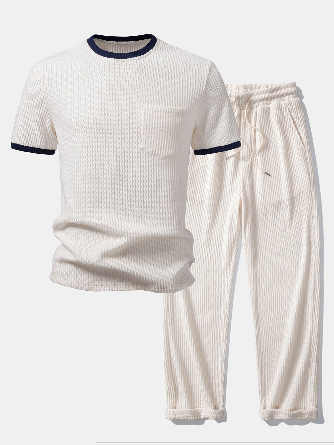 Contrast Waffle T-Shirt With Pocket & Drawstring Knitted Waffle Pants