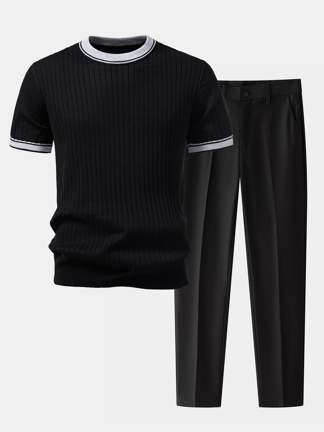Contrast Trim Crew Neck Knit T-Shirt & Slim Fit Tapered Trousers