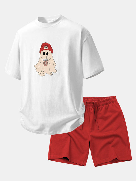 Relax Fit Red Hat Ghost Print Cotton T-Shirt & Cotton Drawstring 7" Shorts