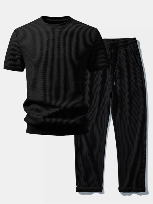 Waffle Ribbed Hem T-Shirt & Drawstring Knitted Waffle Pants
