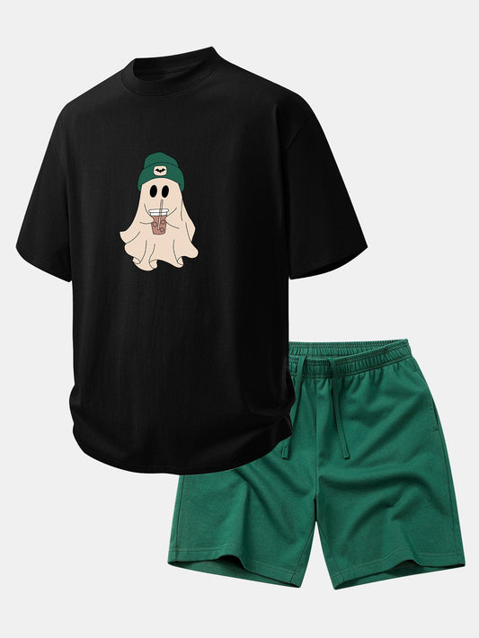 Relax Fit Darkgreen Hat Ghost Print Cotton T-Shirt & Cotton Drawstring 7" Shorts
