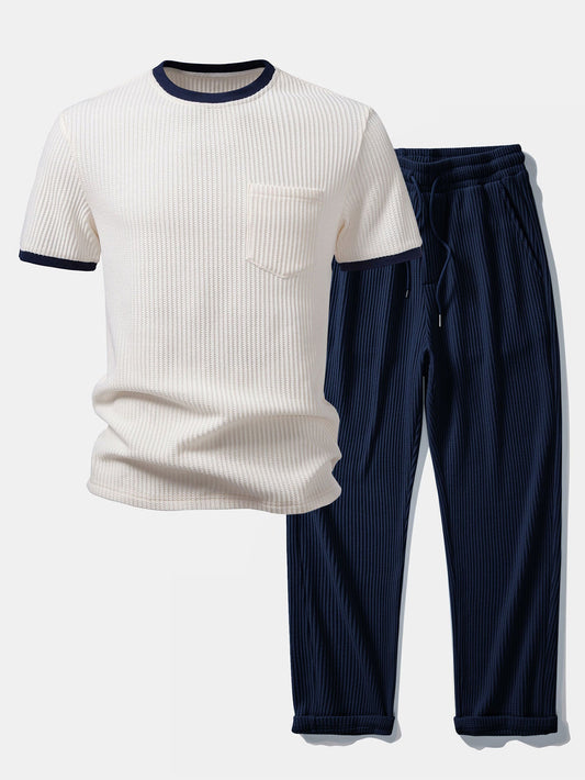 Contrast Waffle T-Shirt With Pocket & Drawstring Knitted Waffle Pants