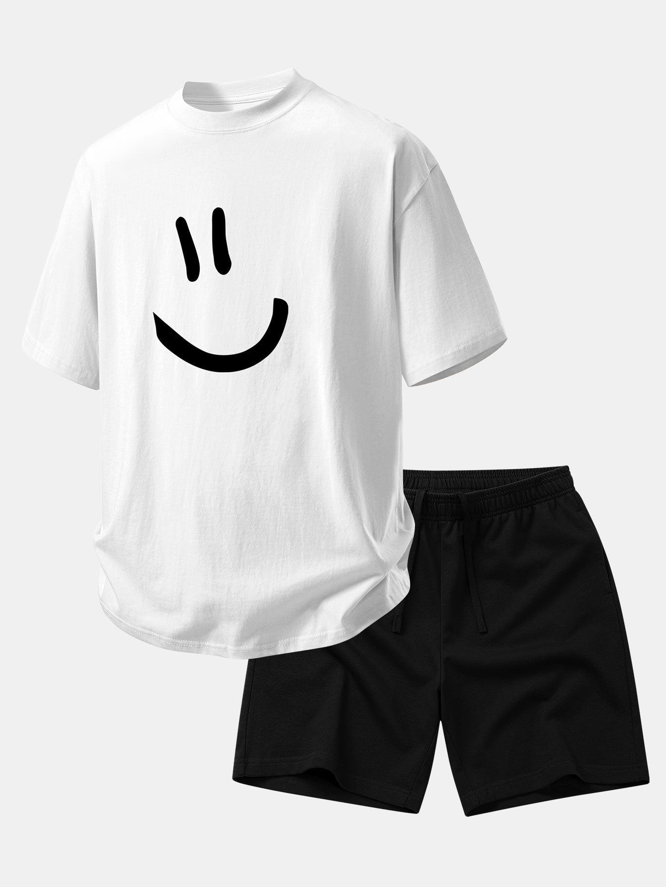 Relax Fit Smiley Face Print Cotton T-Shirt & Cotton Drawstring 7" Shorts
