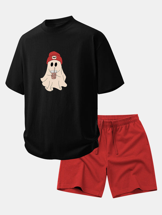 Relax Fit Red Hat Ghost Print Cotton T-Shirt & Cotton Drawstring 7" Shorts