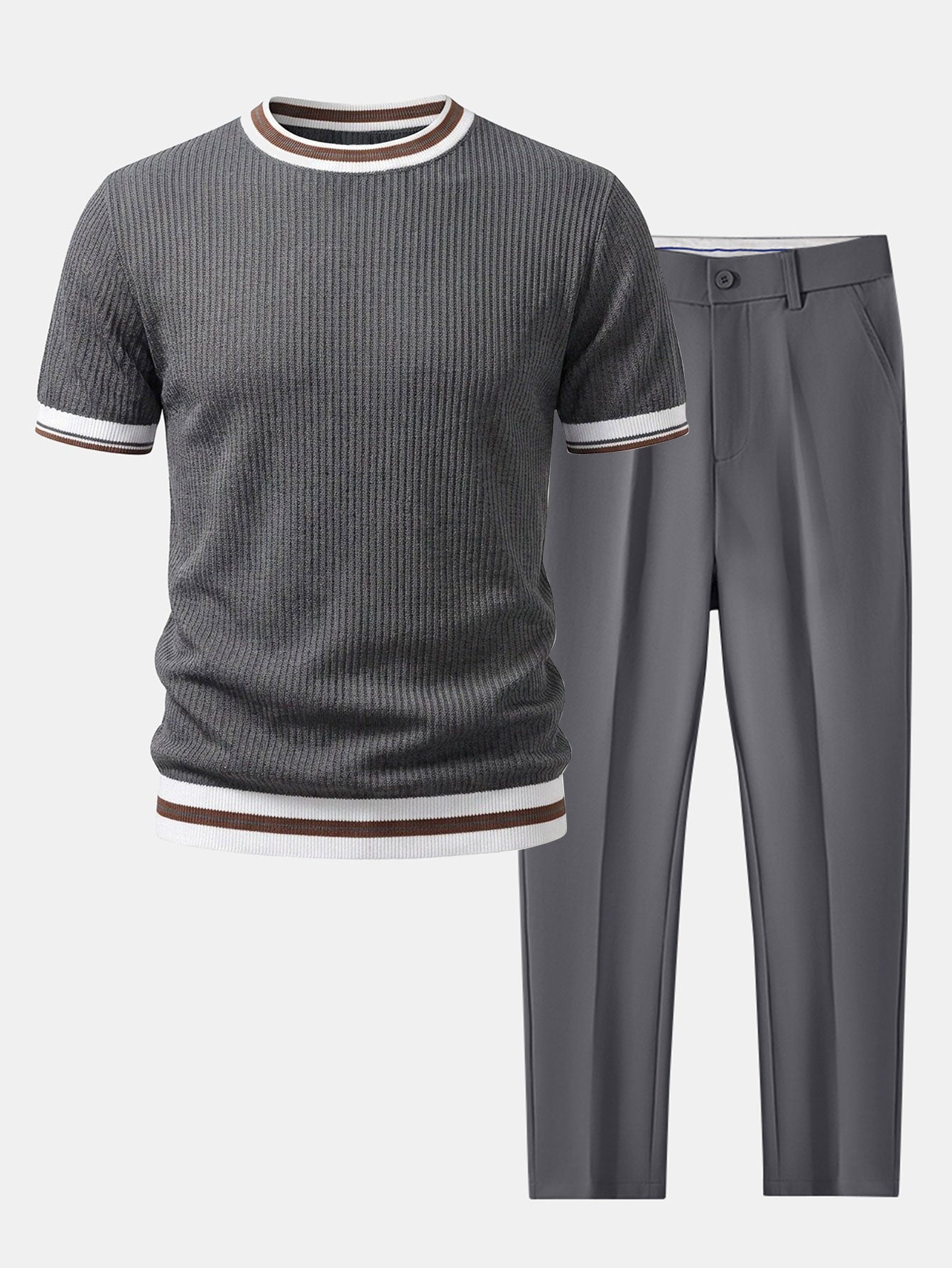 Textured Contrast Crew Neck Knit T-Shirt & Slim Fit Tapered Trousers