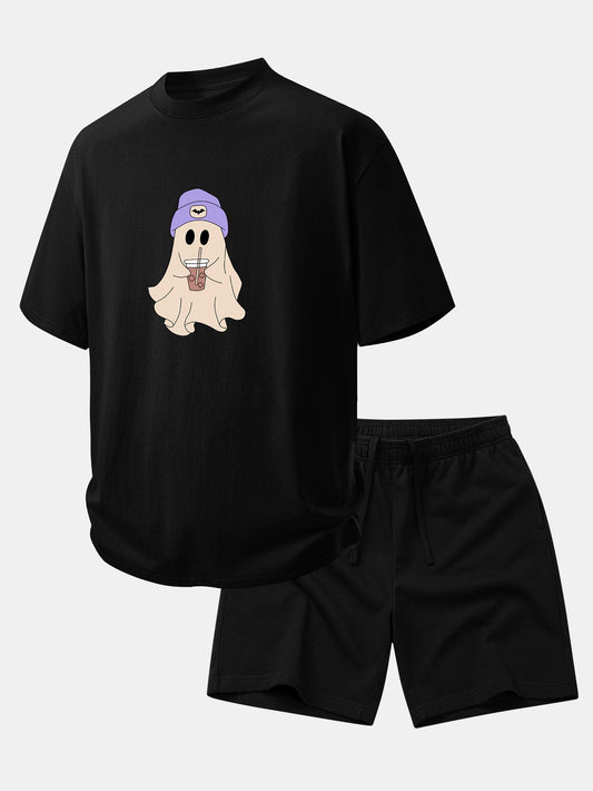 Relax Fit Purple Hat Ghost Print Cotton T-Shirt & Cotton Drawstring 7" Shorts
