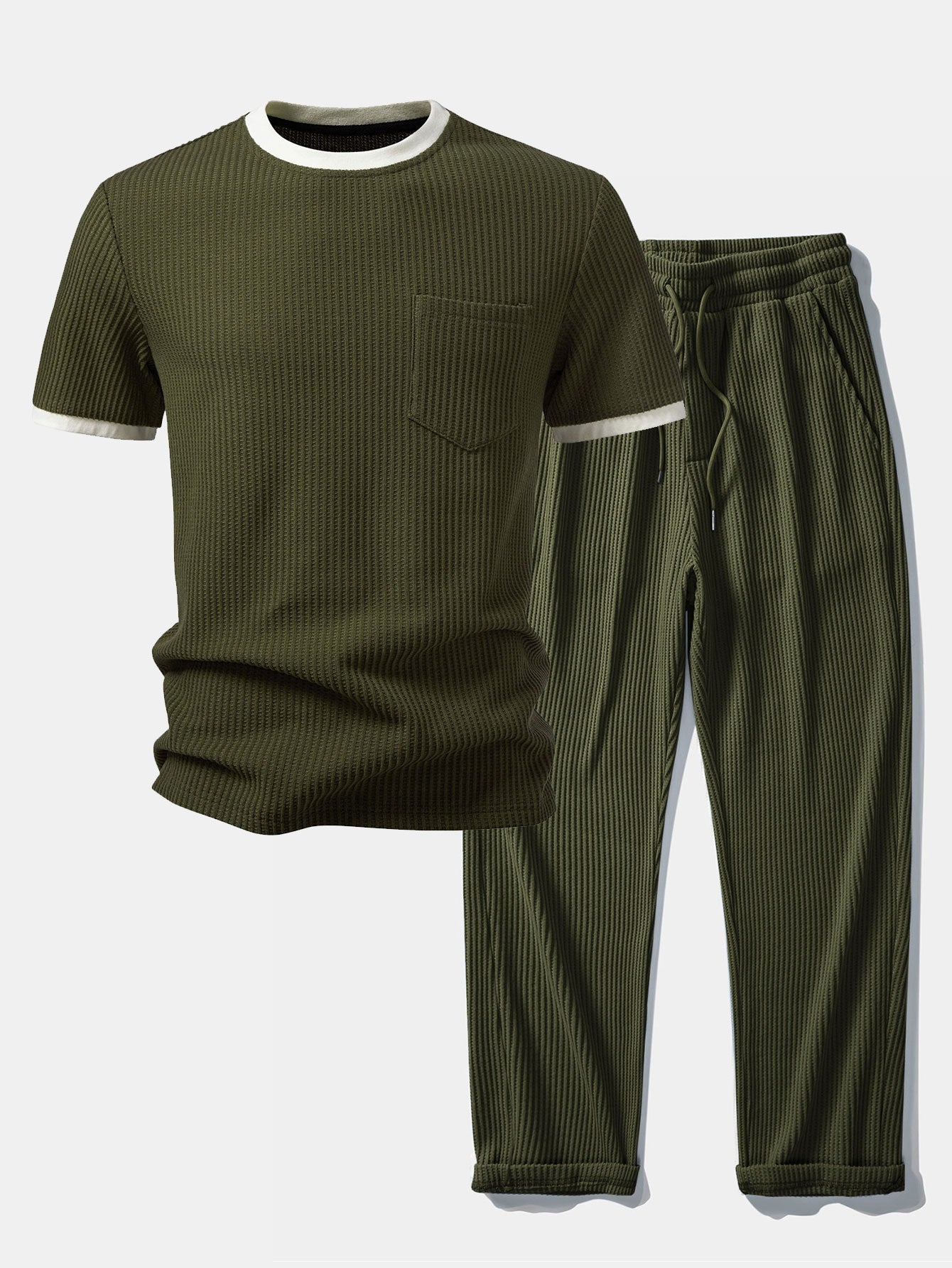 Contrast Waffle T-Shirt With Pocket & Drawstring Knitted Waffle Pants