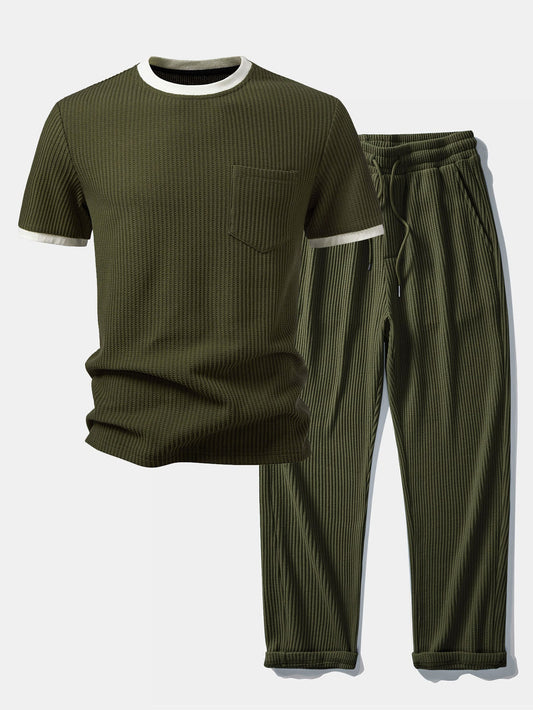 Contrast Waffle T-Shirt With Pocket & Drawstring Knitted Waffle Pants