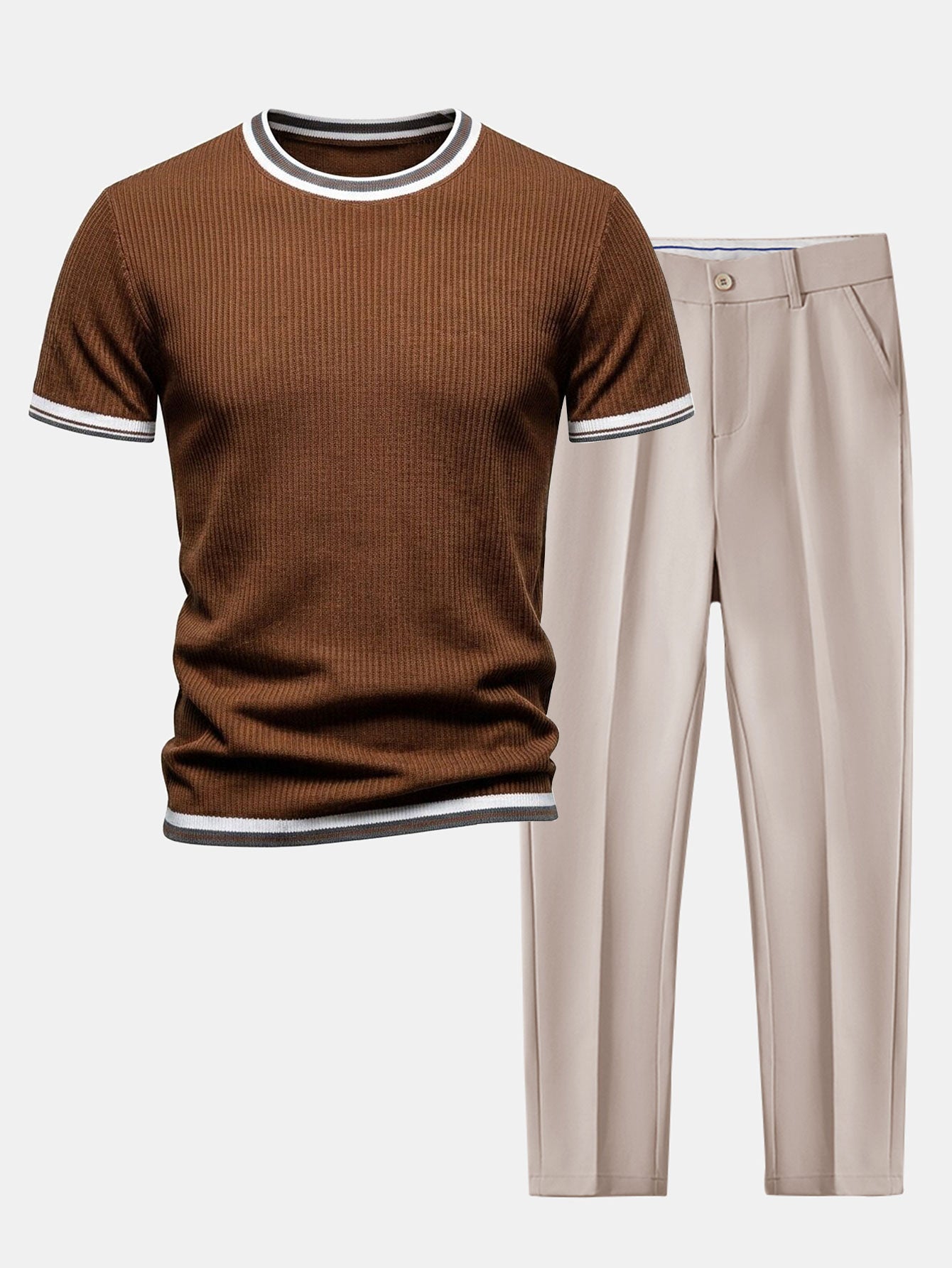 Textured Contrast Crew Neck Knit T-Shirt & Slim Fit Tapered Trousers