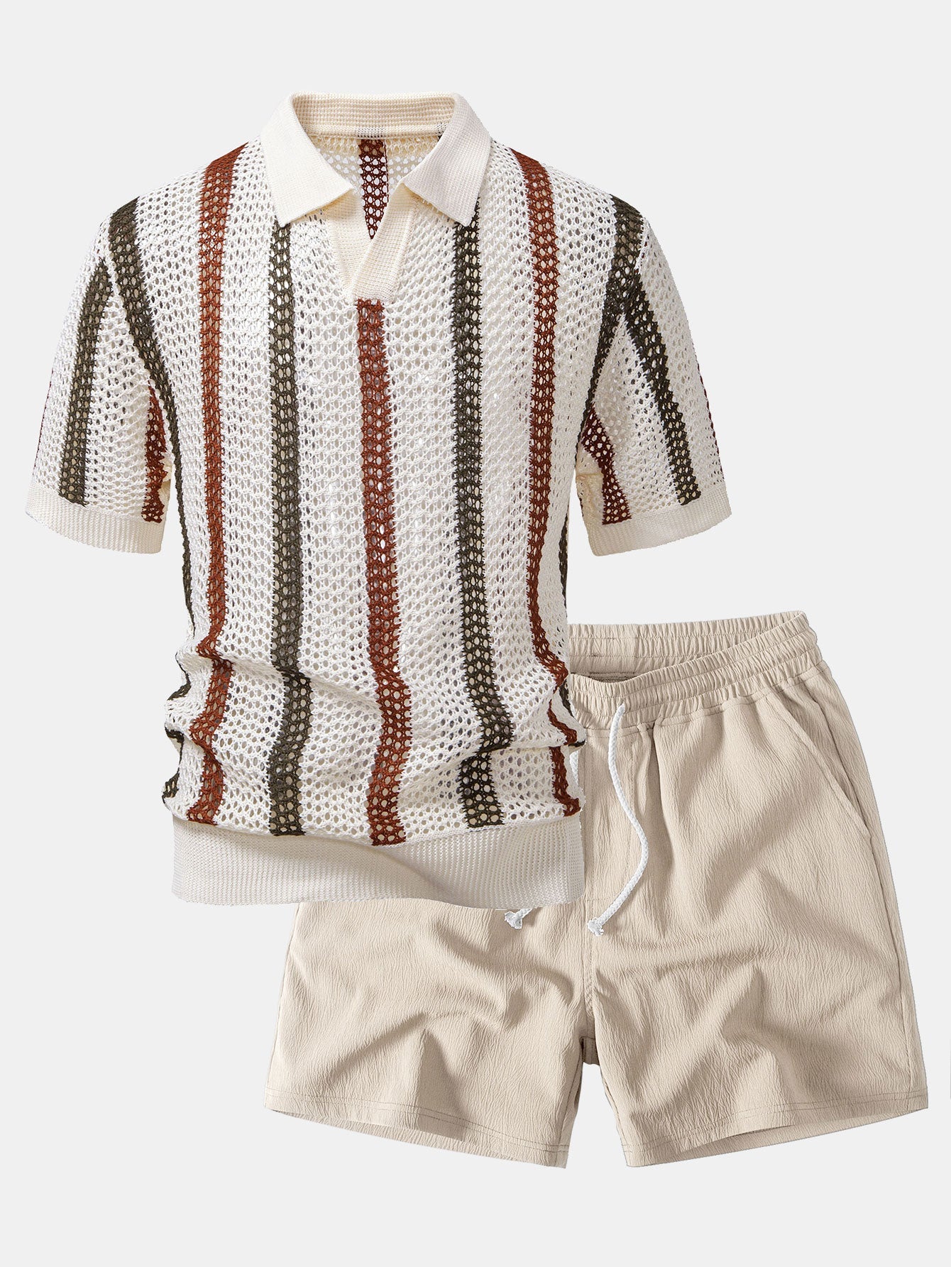 Striped Crochet V Neck Polo & Crinkle Textured Drawstring 5" Shorts
