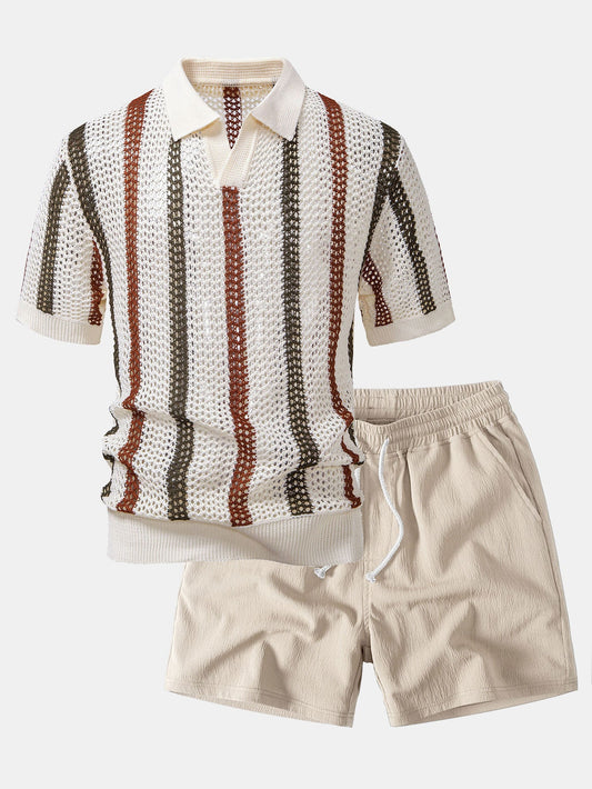 Striped Crochet V Neck Polo & Crinkle Textured Drawstring 5" Shorts