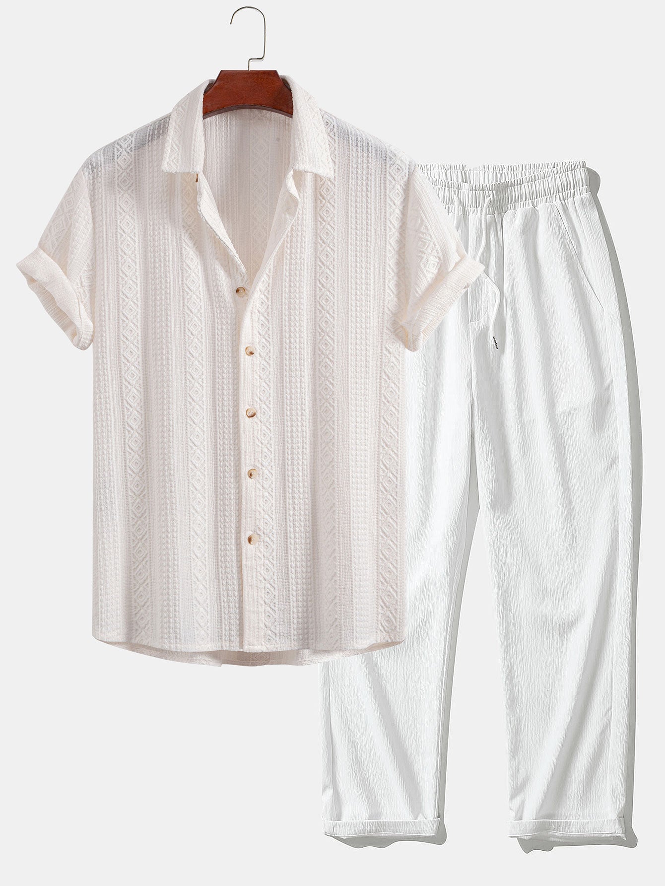 Geometric Jacquard Button Up Shirt & Crinkle Textured Straight Leg Pants