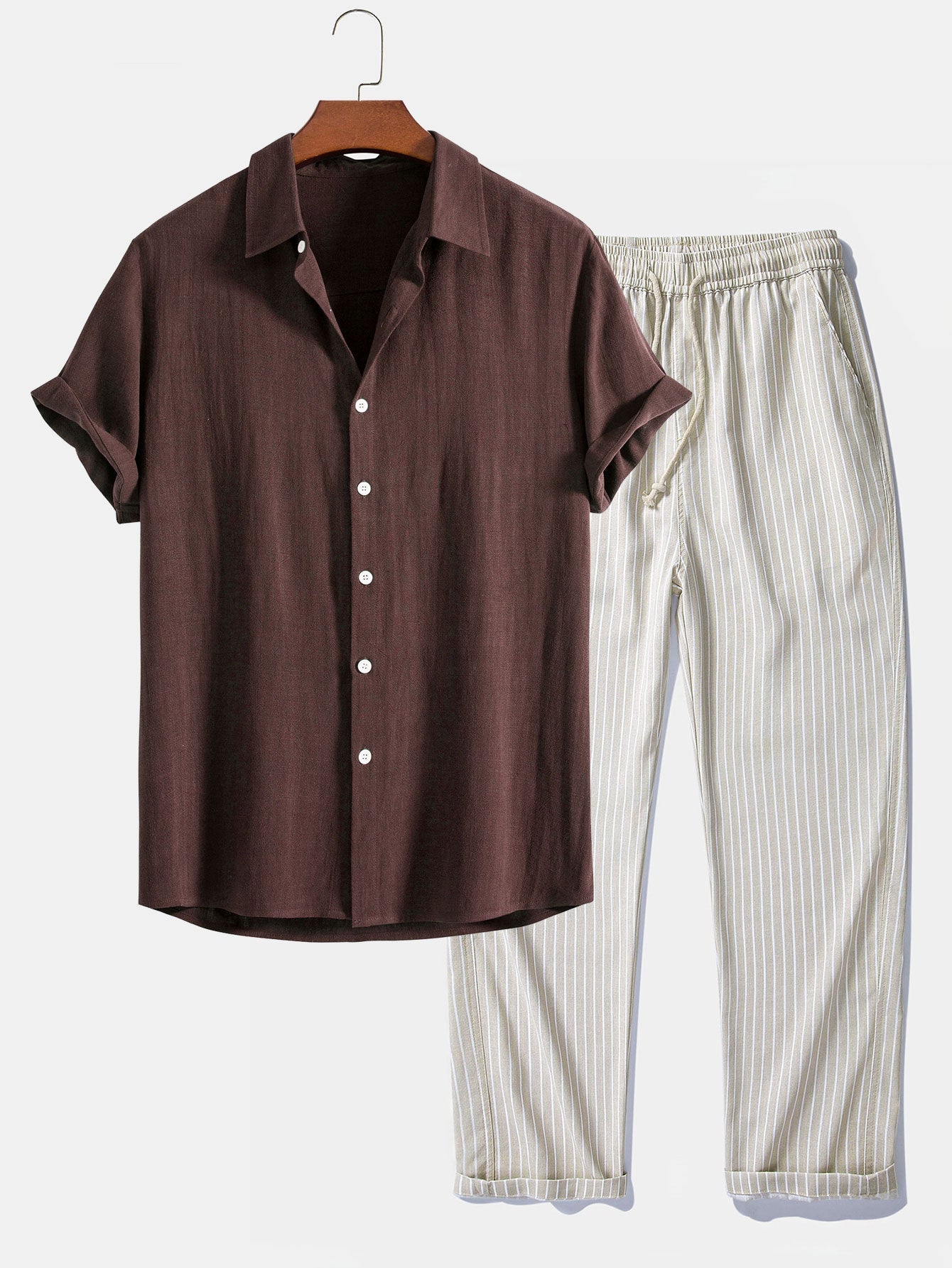 Linen Rayon Blend Button Up Shirt & Stripe Straight Leg Linen Pants