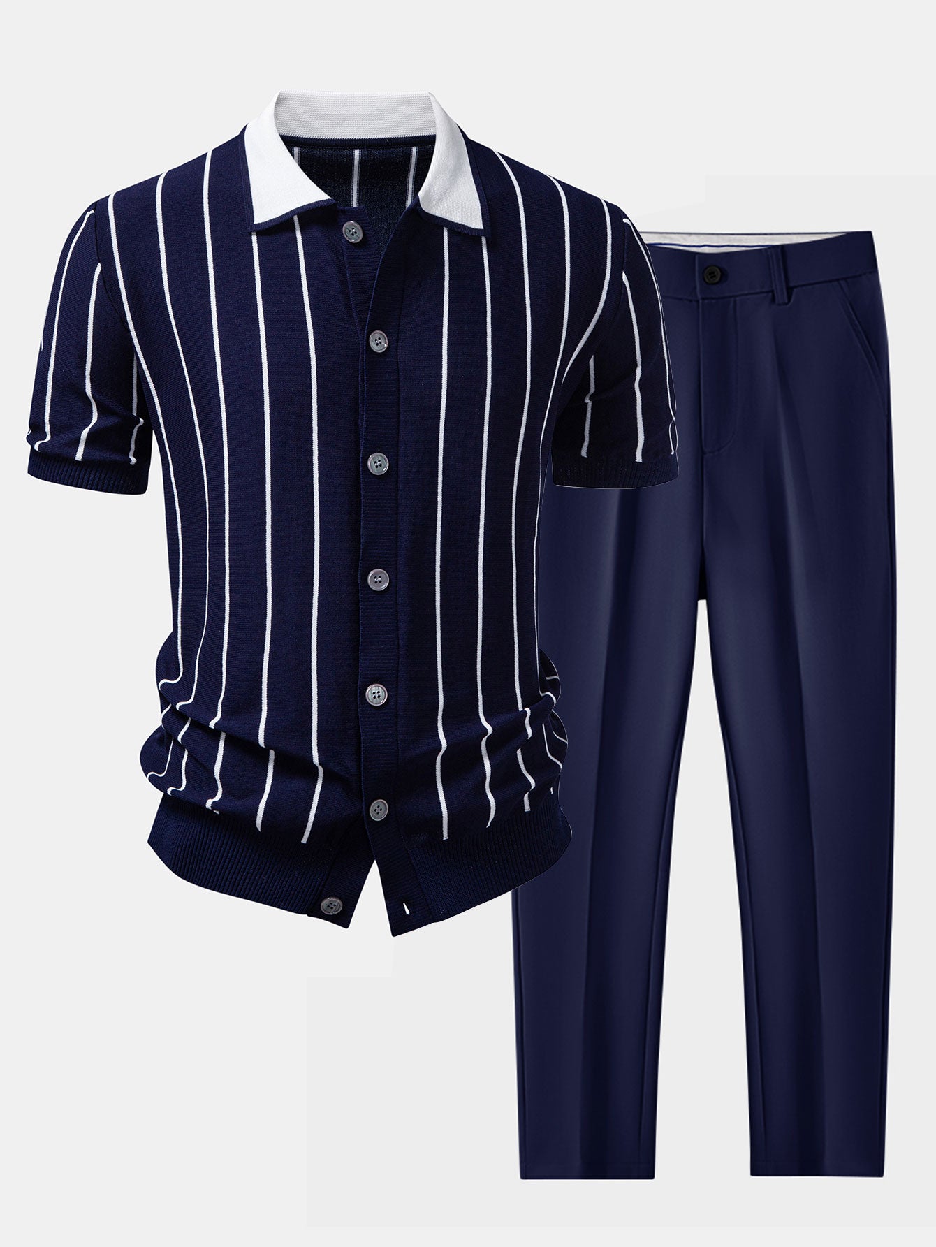 Stripe Button Up Knit Shirt & Slim Fit Tapered Trousers