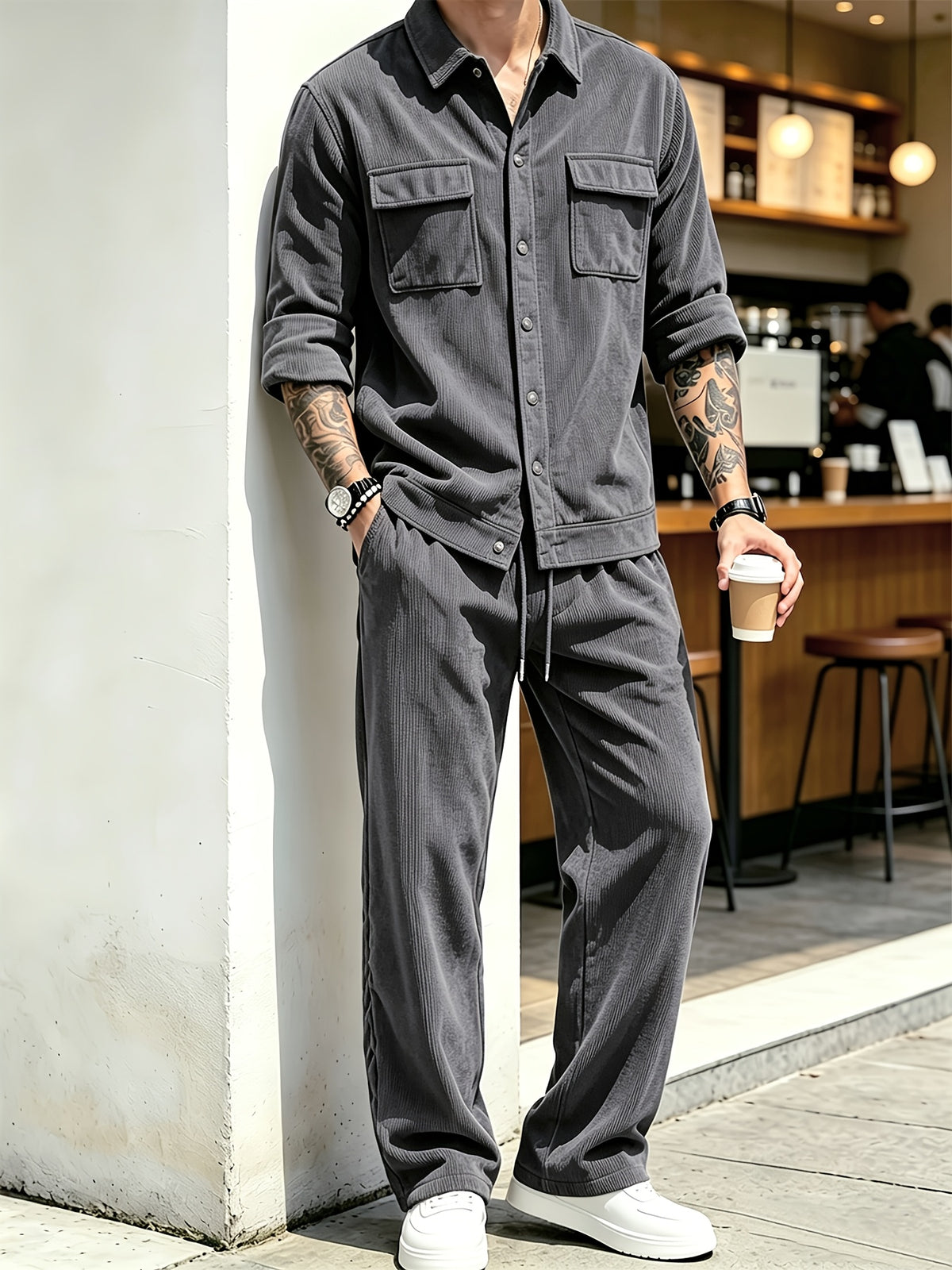Men's 2pcs Set Featuring a Lapel Shirt and Casual Pants