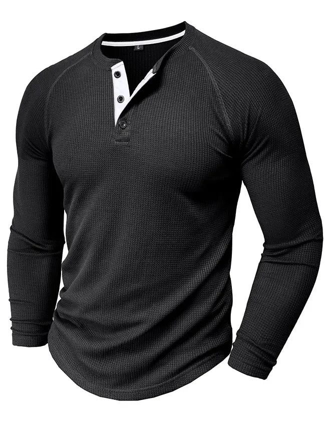 Men's Waffle Henley Collar Textured Long-sleeved Top