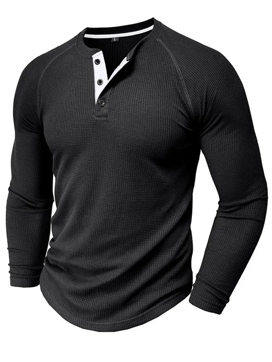 Men's Waffle Henley Collar Textured Long-sleeved Top