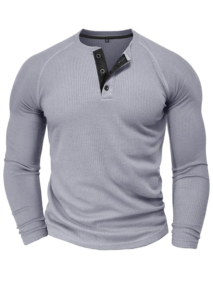 Men's Waffle Henley Collar Textured Long-sleeved Top