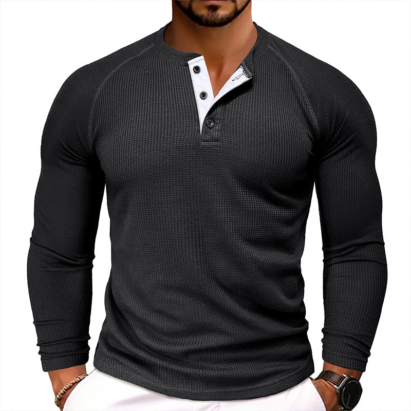 Men's Waffle Henley Collar Textured Long-sleeved Top