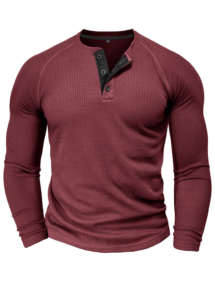 Men's Waffle Henley Collar Textured Long-sleeved Top