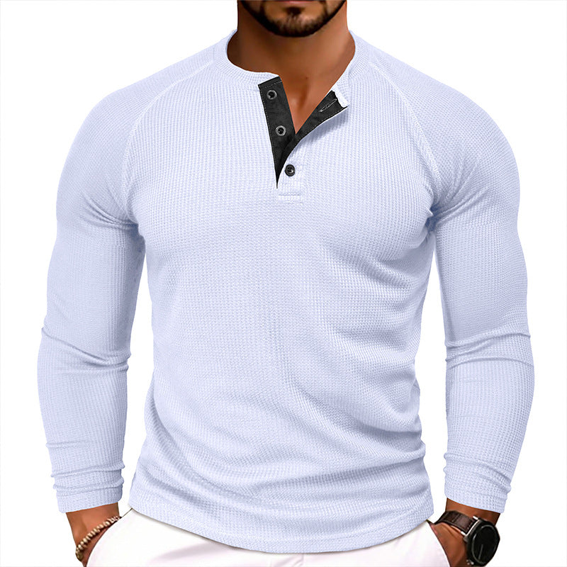 Men's Waffle Henley Collar Textured Long-sleeved Top