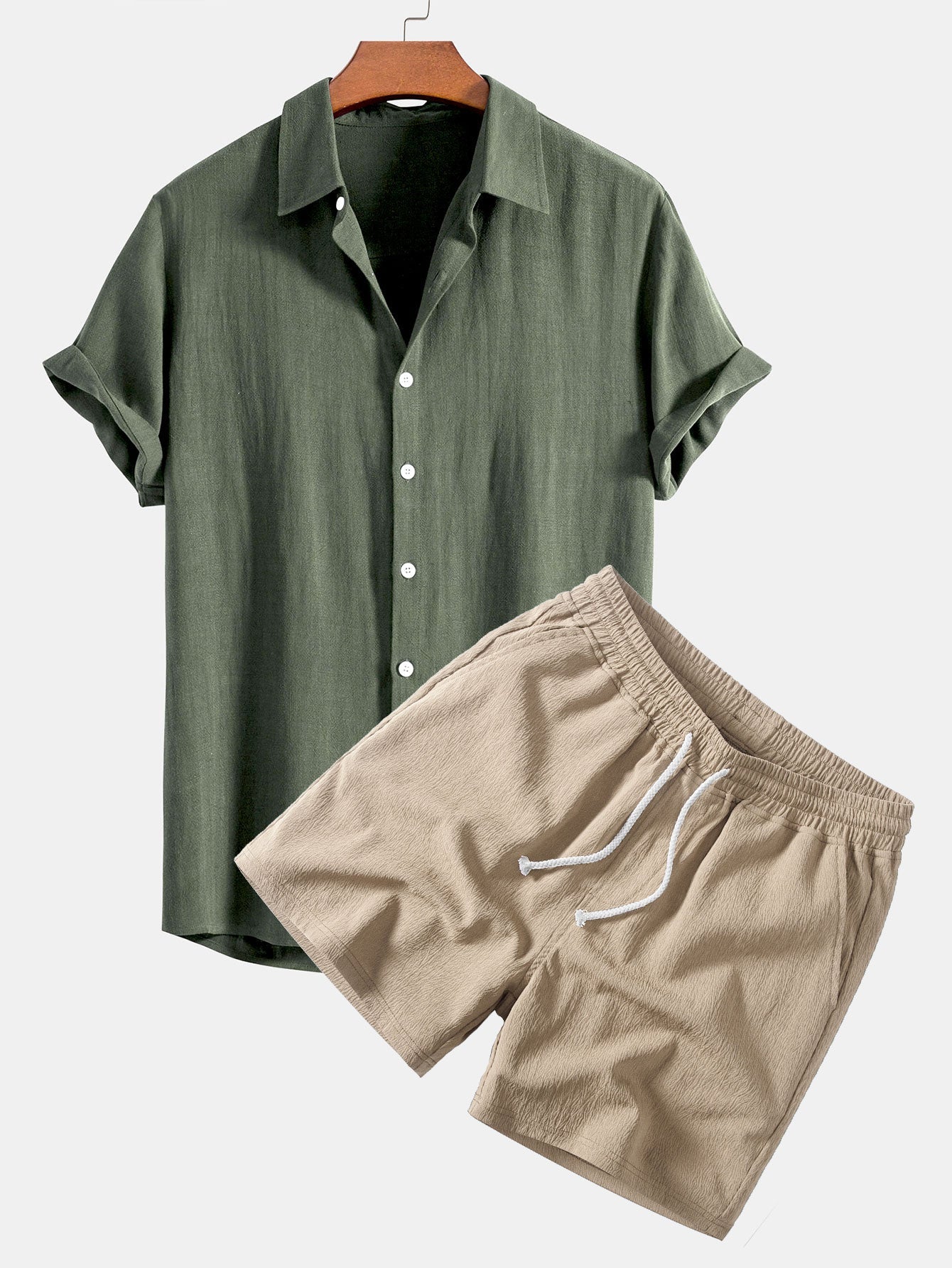 Linen Rayon Blend Button Up Shirt & Crinkle Textured Drawstring 5" Shorts